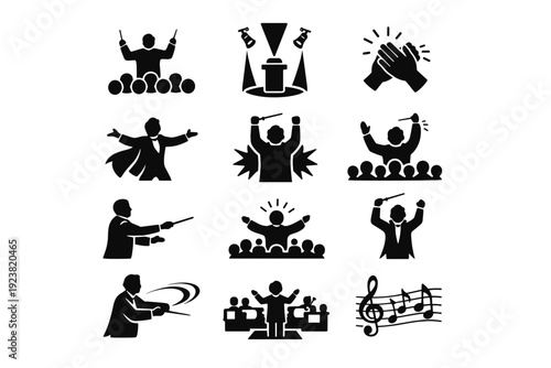 Concert conducting. Solid icon set of Concert conducting: live concert conductor, spotlight podium, final cue gesture, applause moment icon,
