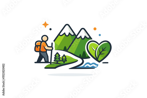 Eco-friendly mountain tourism depicted by green mountains paired with a leaf or heart symbol, reflecting sustainable travel, respect for