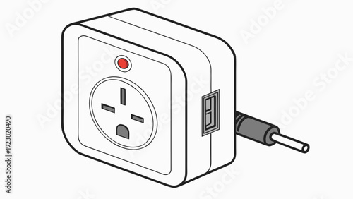 A vector graphic illustration of a white electrical power adapter with a red indicator light and a plug