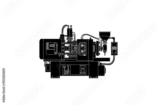 Industrial Precision: A detailed silhouette of an injection molding machine, a testament to industrial innovation and manufacturing efficiency.