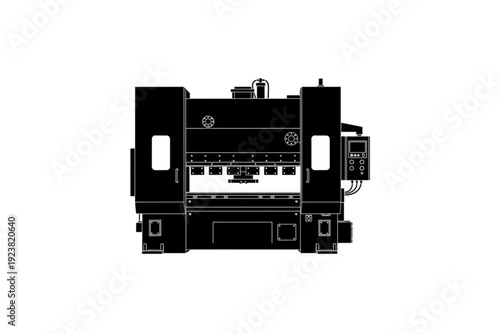 Precision in Engineering: A monochrome silhouette of a large, industrial press machine, showcasing its robust design and technological prowess.