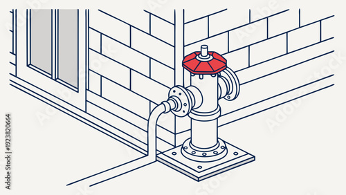 A detailed vector illustration of a fire hydrant connected to a hose in front of a brick wall