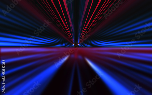 Empty dark abstract background. Background of empty show scene. Glow of neon lights and neon figures on an empty concert stage. Reflection of light on the pavement.
