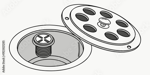 A detailed vector illustration of a floor drain cover and its open counterpart showing the screw mechanism.