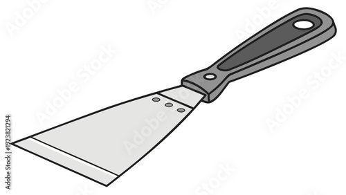 A vector graphic illustration of a putty knife with a gray handle and blade