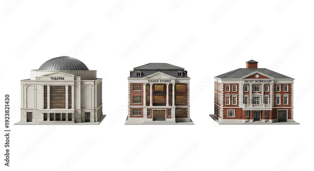 Fototapeta premium Three miniature buildings made of bricks on a white background isolated on transparent background