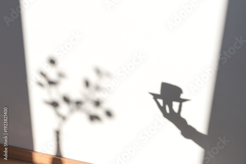 Conceptual image with floral and hand silhouettes. Branch in a vase and hand gesture with a cup of coffee on a neutral background