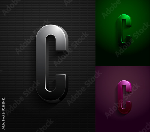 3d dark letter C, condensed gloomy alphabet, vector illustration 10eps.
