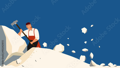 Worker breaking a large block of stone with a hammer on a blue background symbolizing hard work and determination in a construction or mining setting with a sense of industry