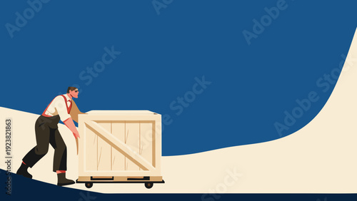 Worker pushing a large wooden crate on a dolly against a blue background with beige ground