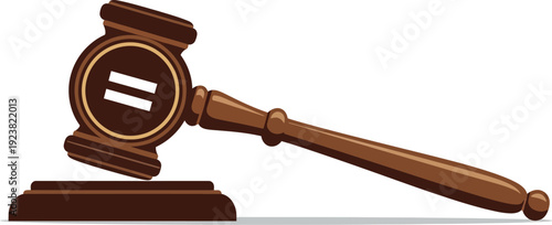 Wooden judge's gavel rests on block displaying clear equality symbol.
