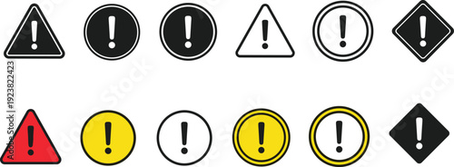 Warning signs, caution symbols, alert icons, exclamation mark safety signage, hazard triangle circle diamond shapes, red yellow black danger pictograms for risk communication