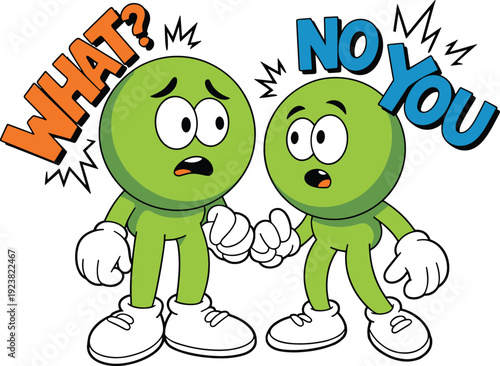 Two green cartoon characters having a funny argument and shocked expression with text bubbles saying what and no you illustration.