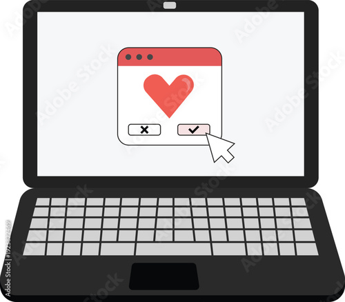 Vector illustration of a laptop displaying an online dating or matchmaking app interface with a heart icon and accept or reject buttons. Cursor clicking the approve check mark button on the screen.