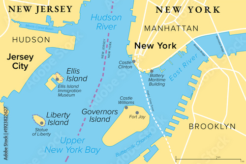 Ellis Island and Liberty Island, United States, political map. Situated in the Upper New York Bay, between Jersey City, Manhattan, and Brooklyn, with Governors Island to the east. Illustration. Vector