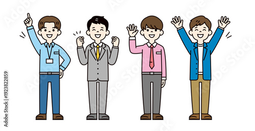 企業・オフィスで働く、複数の若いビジネスマン・サラリーマンの全身ベクターイラスト素材セット