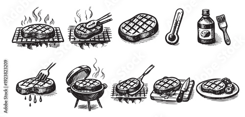 Collection of black and white steak icons including grilling, thermometer, and serving illustrations for cooking, barbecue concepts, and restaurant design.