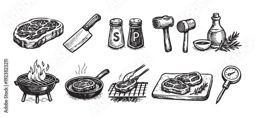 Detailed black and white sketch illustration showcasing steak preparation, including grilling, frying, seasoning, and carving, perfect for culinary or barbecue themes.