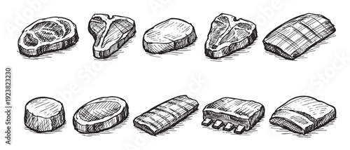 Hand-drawn illustration shows various meat cuts, including steak, ribs, and roast, rendered in a detailed sketch style against a clean white background, perfect for menus.