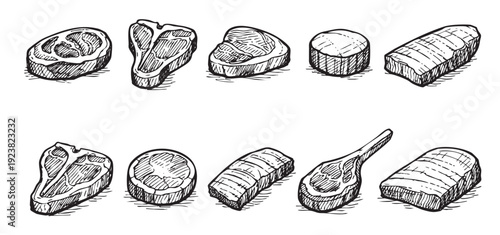 Hand-drawn cuts of meat sketched in black ink on a bright white background; great for butcher shops, culinary themes, or restaurant menus.