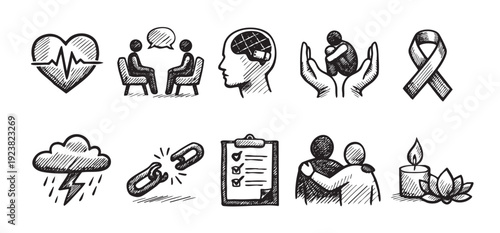 A hand-drawn doodle illustration showcases mental health awareness symbols, representing therapy, healing, and support for emotional well-being in simple black and white sketches.