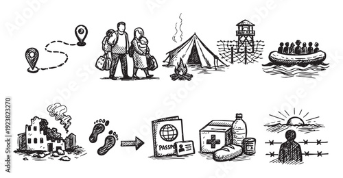 Hand-drawn illustration depicting refugees fleeing war, showing a path, family, camp, raft, bombed building, footprints, passport, aid, and border wall. Suitable for social issues, news.