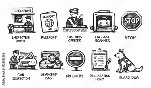 A set of customs and border control sketch icons, including officers, passports, checkpoints, luggage scanners, and a guard dog, all in black and white.