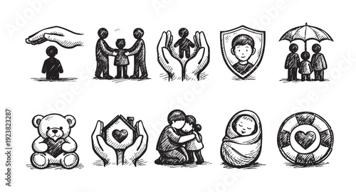 This image features a set of hand-drawn style icons representing family, children, and protection, including a family under an umbrella, child in hands, and a home with a heart.