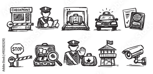 Security control illustrations show checkpoints, officers, documents, luggage inspection, CCTV, and surveillance tower in a sketchy black and white style.