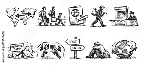 Black and white sketch illustrations depict various aspects of the refugee crisis, including migration, border control, refugee camps, and global displacement, evoking a somber yet hopeful mood.