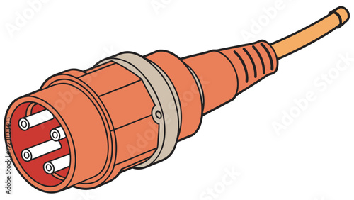 A vector graphic illustration of an orange electrical plug with a cord and three prongs.