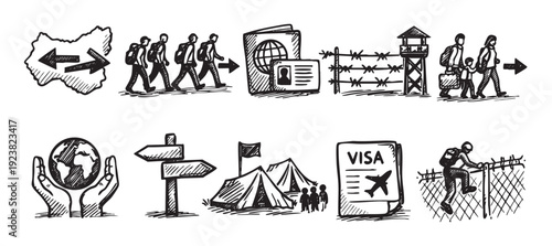 Hand-drawn illustrations depicting migration: border crossings, refugee camps, visa processes. Evokes themes of immigration, displacement, and international movement. Ideal for articles, reports.