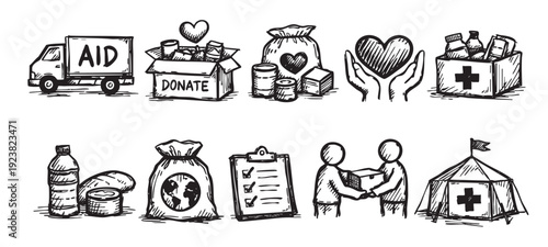 Hand-drawn sketched set of aid and donation icons, showing truck, box donations, hands with heart, sack, checklist, people helping, medicine box, and tent.