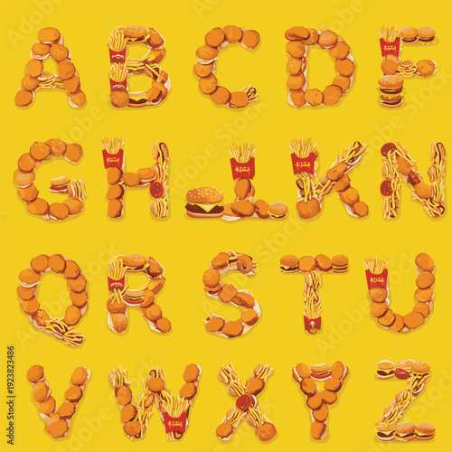 A vibrant illustration of the alphabet creatively constructed from various fast food items, seamless pattern, royalty free stock.