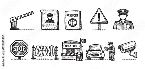 Hand drawn sketch illustration featuring border security, checkpoints, surveillance, and documentation, isolated on white, conveys the idea of secure entry control, travel and regulations.