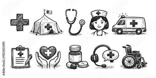 Black and white hand-drawn illustration featuring medical icons like stethoscope, nurse, ambulance, drugs, call center, and wheelchair for health design projects.