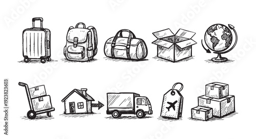 Hand-drawn style illustration showing moving and shipping icons including a suitcase, backpack, duffel bag, globe, boxes, delivery truck and house, perfect for travel, moving or shipping themes.