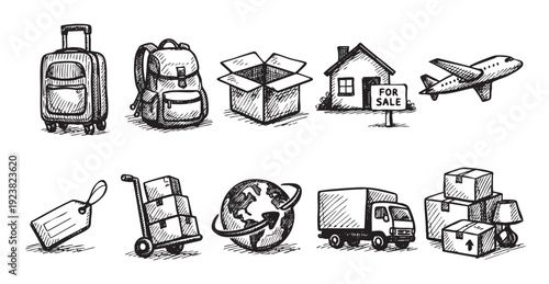 Hand-drawn style icons of travel, moving, and relocation including suitcase, backpack, boxes, home, plane, and truck for moving or real estate concepts.