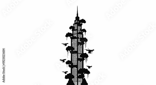 Dark, imposing skyscraper with surreal, organic growths and flying creatures.