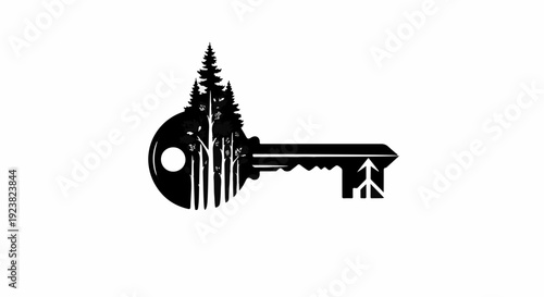 Symbolic key silhouette filled with a dense forest scene, representing access to nature or unlocking wilderness.