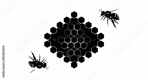Intricate hexagonal honeycomb structure with bees flying around, symbolizing nature's design and industry.