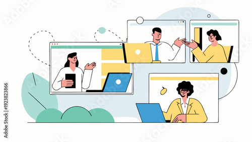 Remote team collaboration on laptops with video calls online meeting virtual communication teamwork and digital workflow