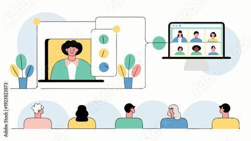 Remote team collaboration concept with video conference on laptop and desktop computers