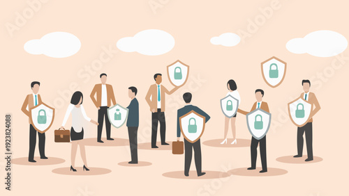 Flat vector illustration of business professionals with shields and locks for cybersecurity in corporation symbolizing data protection and privacy