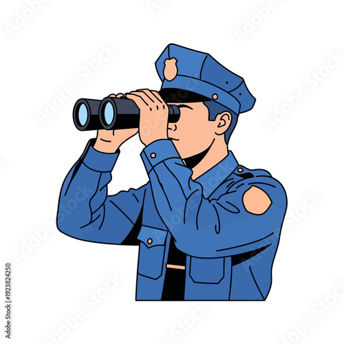 Police officer looking through binoculars