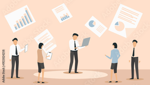 Business professionals analyzing financial data and making decisions together in a meeting with graphs and charts