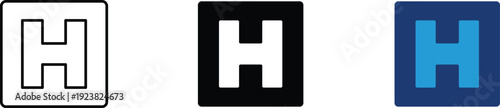 Hospital sign icon with letter H showing medical facility and emergency clinic location. Healthcare illustration for hospital building, first aid station, medical center navigation