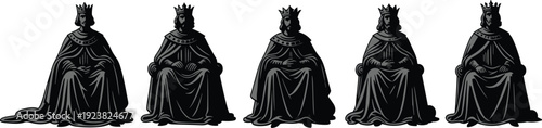 Medieval king silhouette collection, crowned monarch sitting on throne isolated black vector illustration historical royal character set