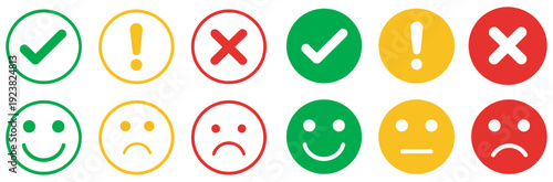 Green Yellow Red Round Buttons Set, Check Marks X Marks Exclamation Alerts Feedback Emoji Flat Vector Icons