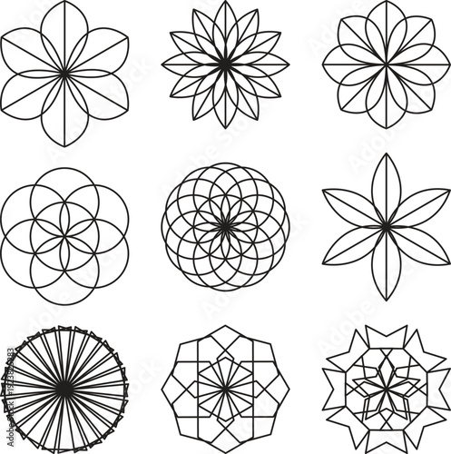 Collection of Abstract Geometric Symmetrical Line Art Shapes